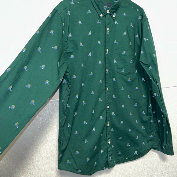 American Eagle Men’s Top Button Down Large Tall Green Car Christmas Long Sleeve - Picture 7 of 14